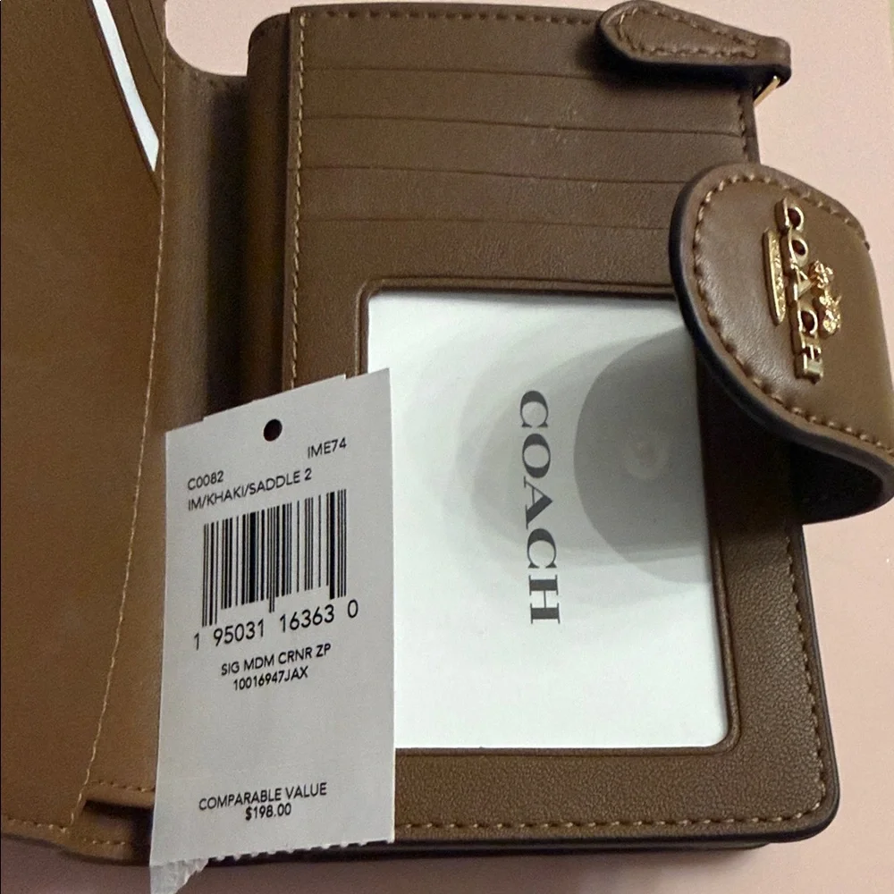 Coach Small Snap Card Holder in Brown Signature Canvas